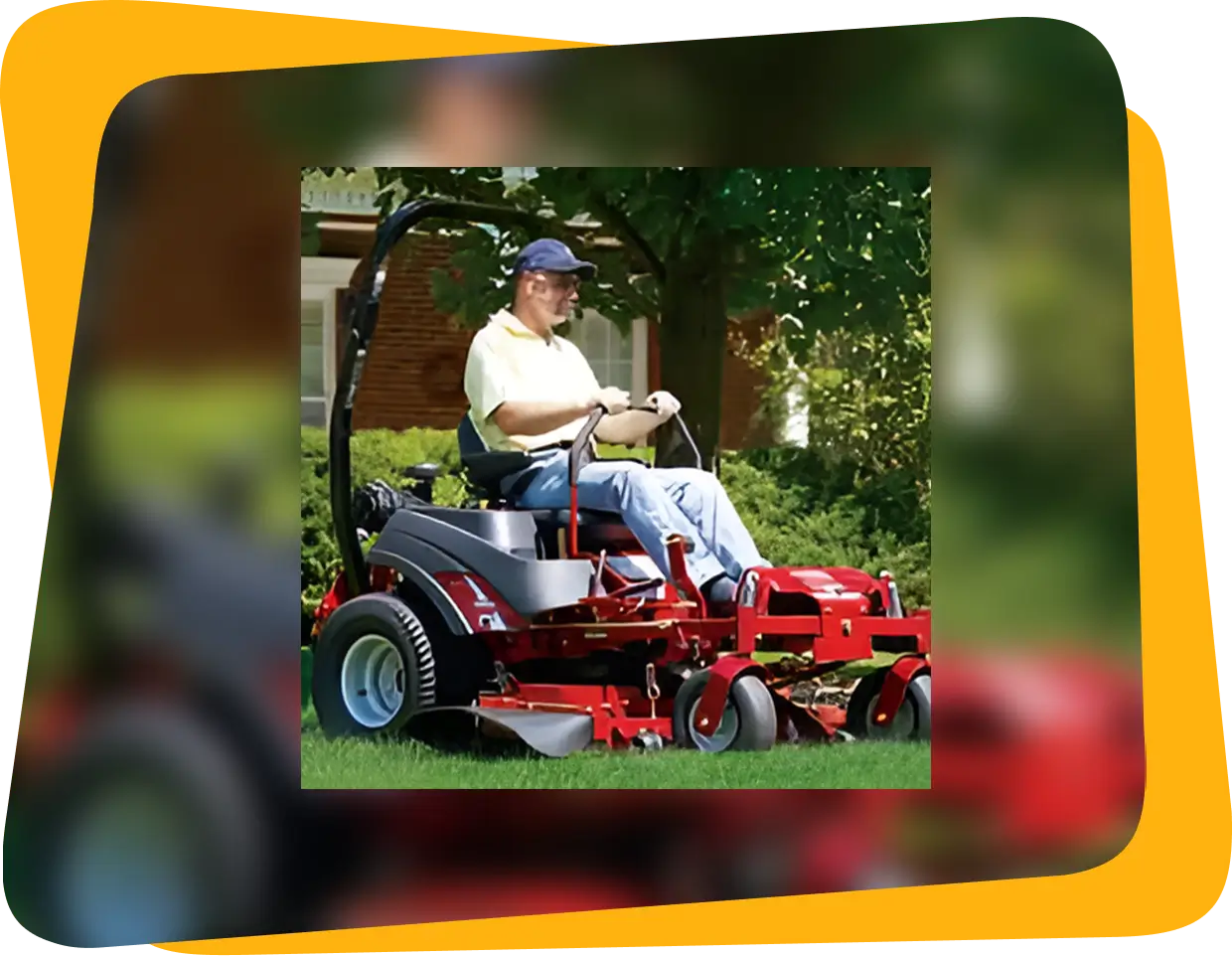 Man riding red lawn mower outdoors.